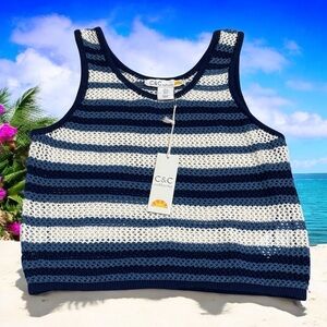NEW C&C California Blue and White Stripe Crochet Crop Tank Women's Size S